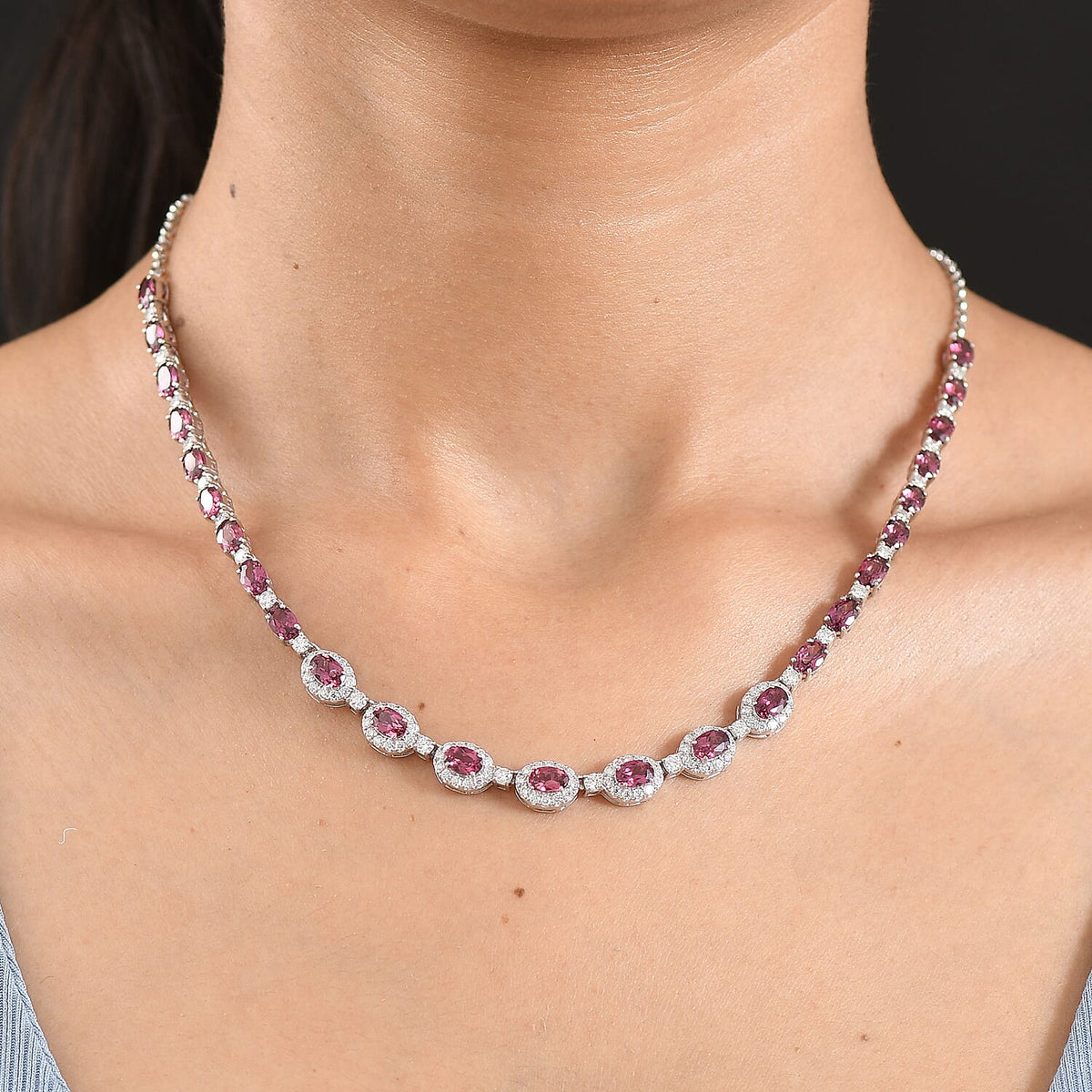 Certified and Appraised D'Joy Colour Change Garnet, Moissanite Cluster Necklace (Size - 18) in Rhodium Overlay Sterling Silver, Silver Wt.12.19 Gms 17.880 Ct. 8625377 2