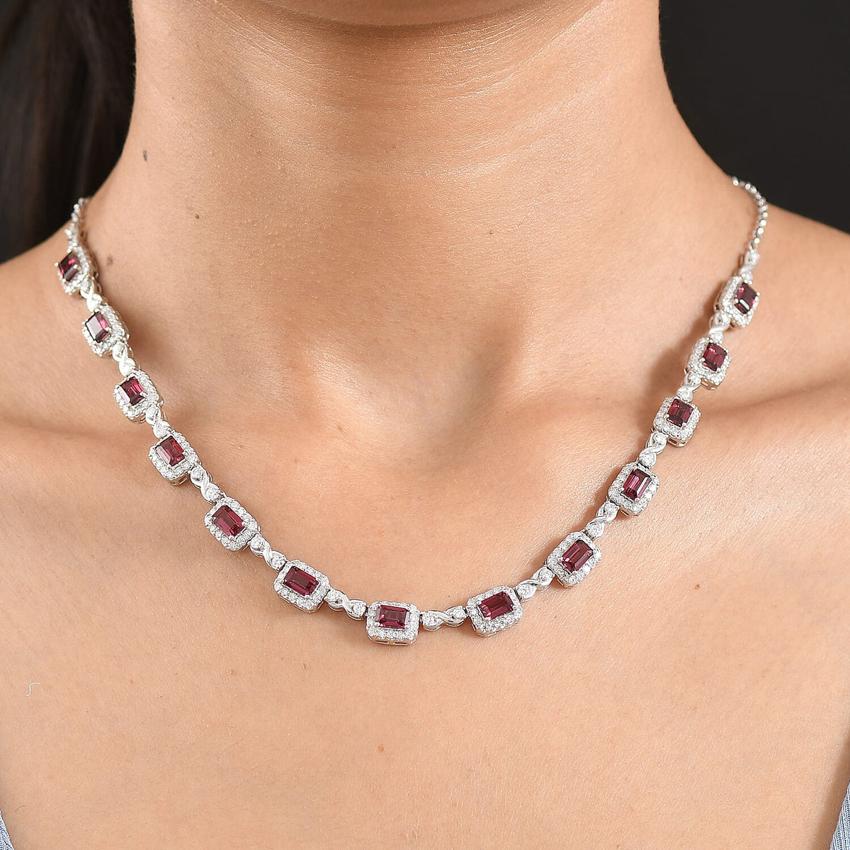 Certified and Appraised D'Joy Colour Change Garnet, Moissanite Cluster Necklace (Size - 18) in Rhodium Overlay Sterling Silver, Silver Wt.16 Gms 13.500 Ct. 8625378 2