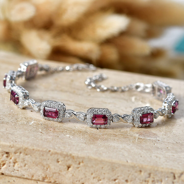 D'Joy - AGI Certified USAMBARA Colour Change Garnet &amp; Moissanite Tennis Bracelet (Size - 7.25-1 Ext) in Rhodium Overlay Sterling Silver 7.60 Ct, Silver Wt. 10.00 Gms 8625380 2