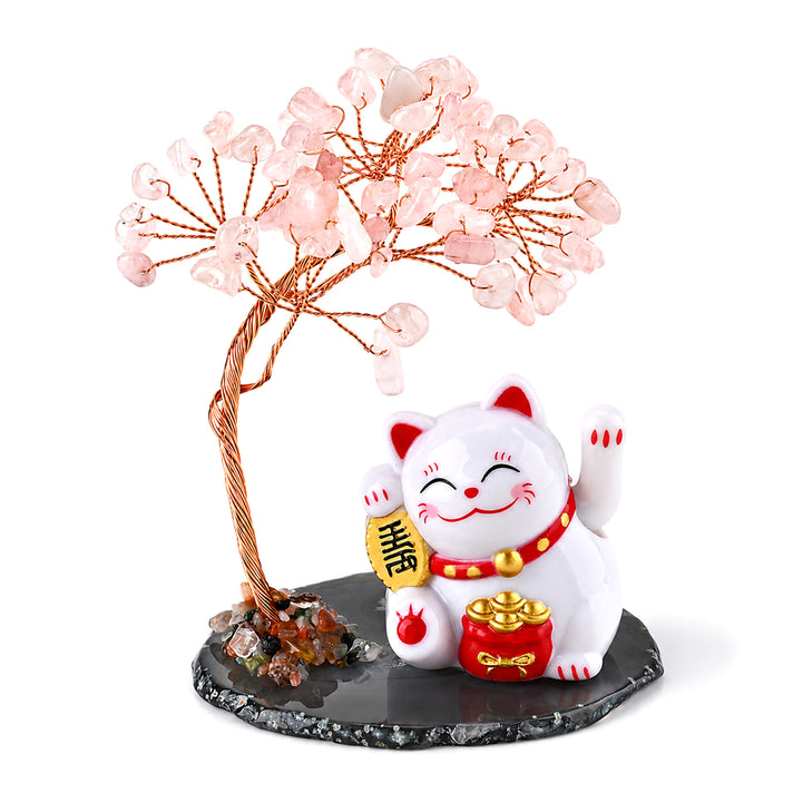 Rose Quartz Gemstone Bonsai Tree with Maneki-Neko Lucky Cat 100.00 Ct. 8625530 1