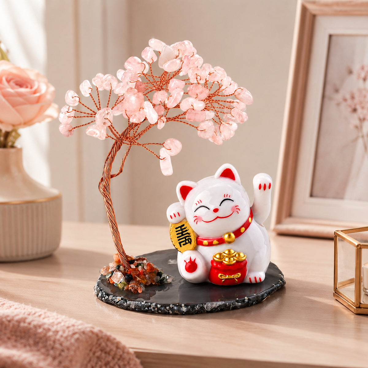 Rose Quartz Gemstone Bonsai Tree with Maneki-Neko Lucky Cat 100.00 Ct. 8625530 1