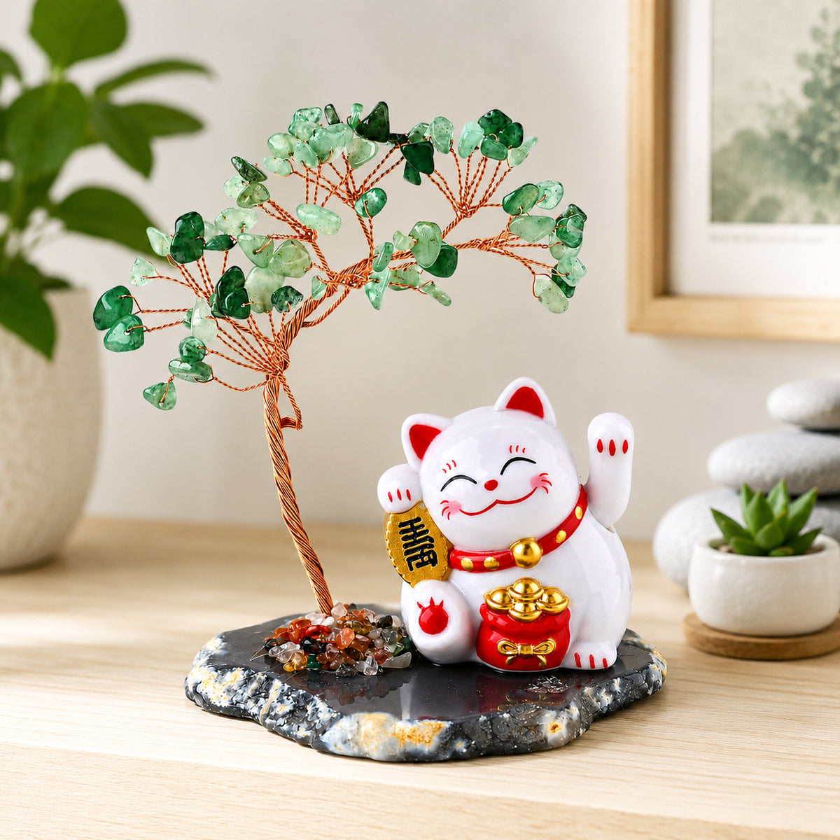 Green Aventurine Gemstone Bonsai Tree with Maneki-Neko Lucky Cat 100.00 Ct. 8625532 2