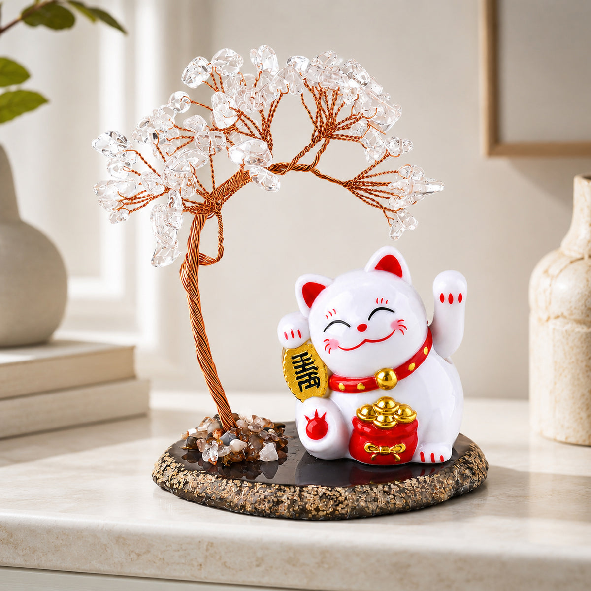 White Crystal Quartz Gemstone Bonsai Tree with Maneki-Neko Lucky Cat 100.00 Ct. V32746835 2