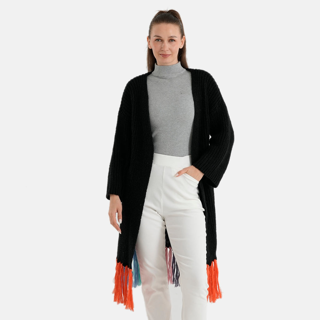 La Marey Women's Coastal Tassel Hem Longline Cardigan (Fits up to UK 22) - Black & Multi_8625545_3