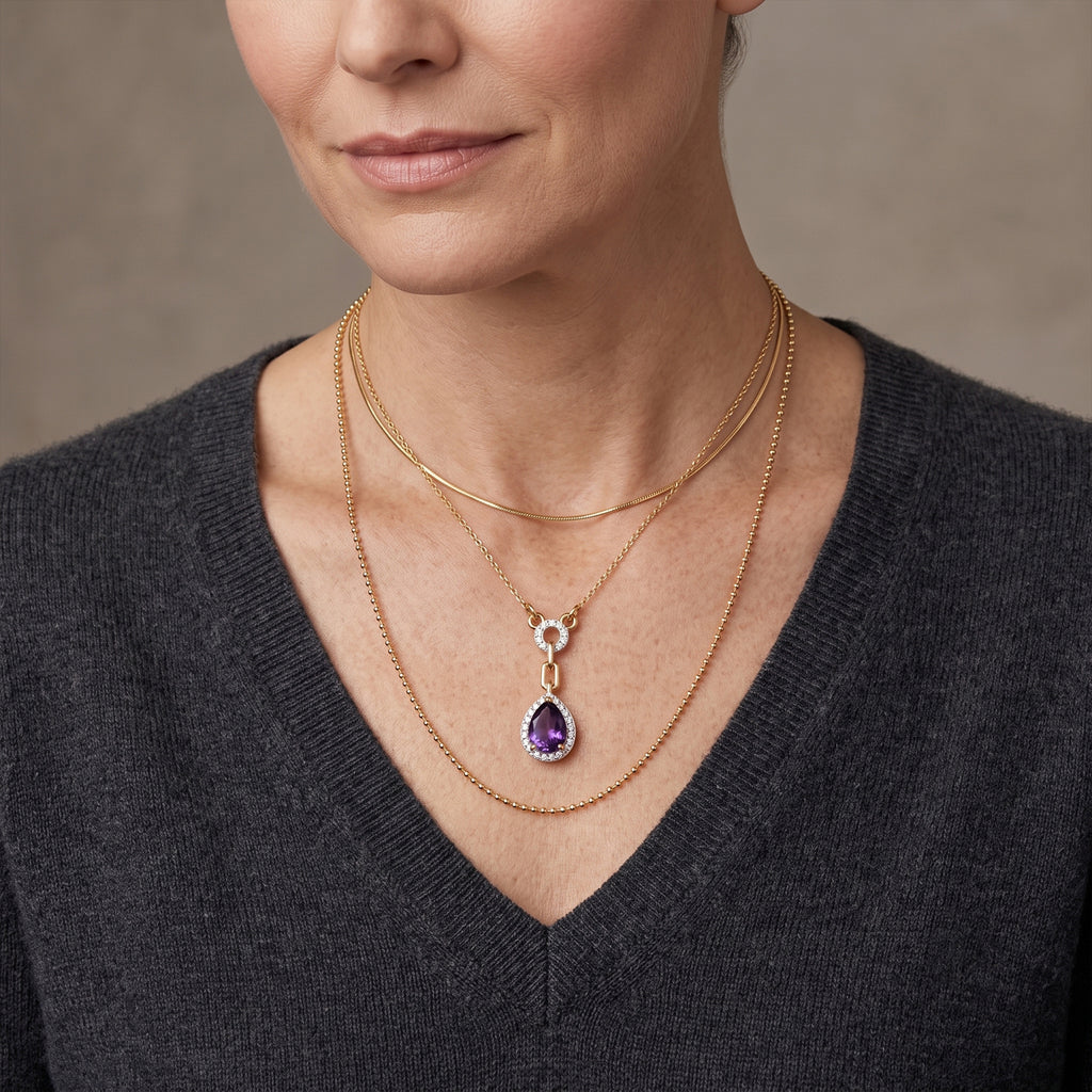 D'Joy - Natural Moroccan Amethyst & White Zircon Halo Necklace (Size - 20) in Yellow Gold Plated Sterling Silver 1.36 Ct._8625753_2