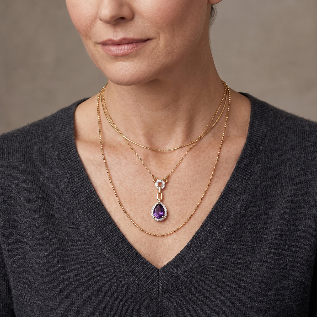 D'Joy - Natural Moroccan Amethyst &amp; White Zircon Halo Necklace (Size - 20) in Yellow Gold Plated Sterling Silver 1.36 Ct. V32519588 3