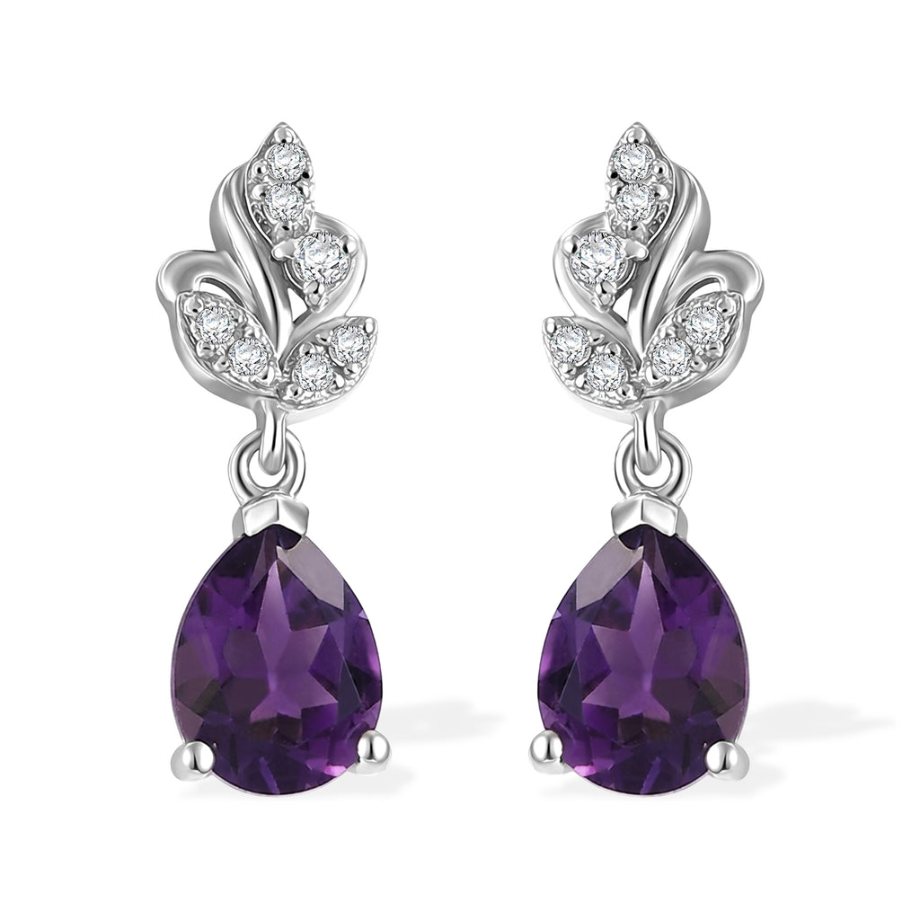 D'Joy - Natural Moroccan Amethyst & White Zircon Dangling Earring with Push Post in Platinum Overlay Sterling Silver 2.20 Ct._8625804