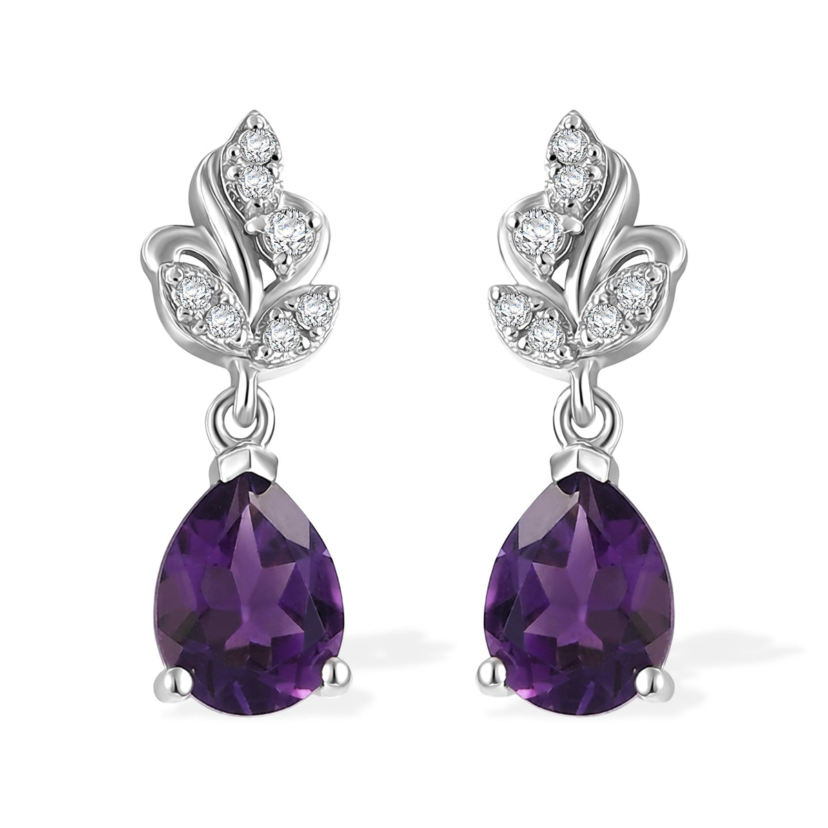 D'Joy - Natural Moroccan Amethyst &amp; White Zircon Dangling Earring with Push Post in Platinum Overlay Sterling Silver 2.20 Ct. V32515100 0