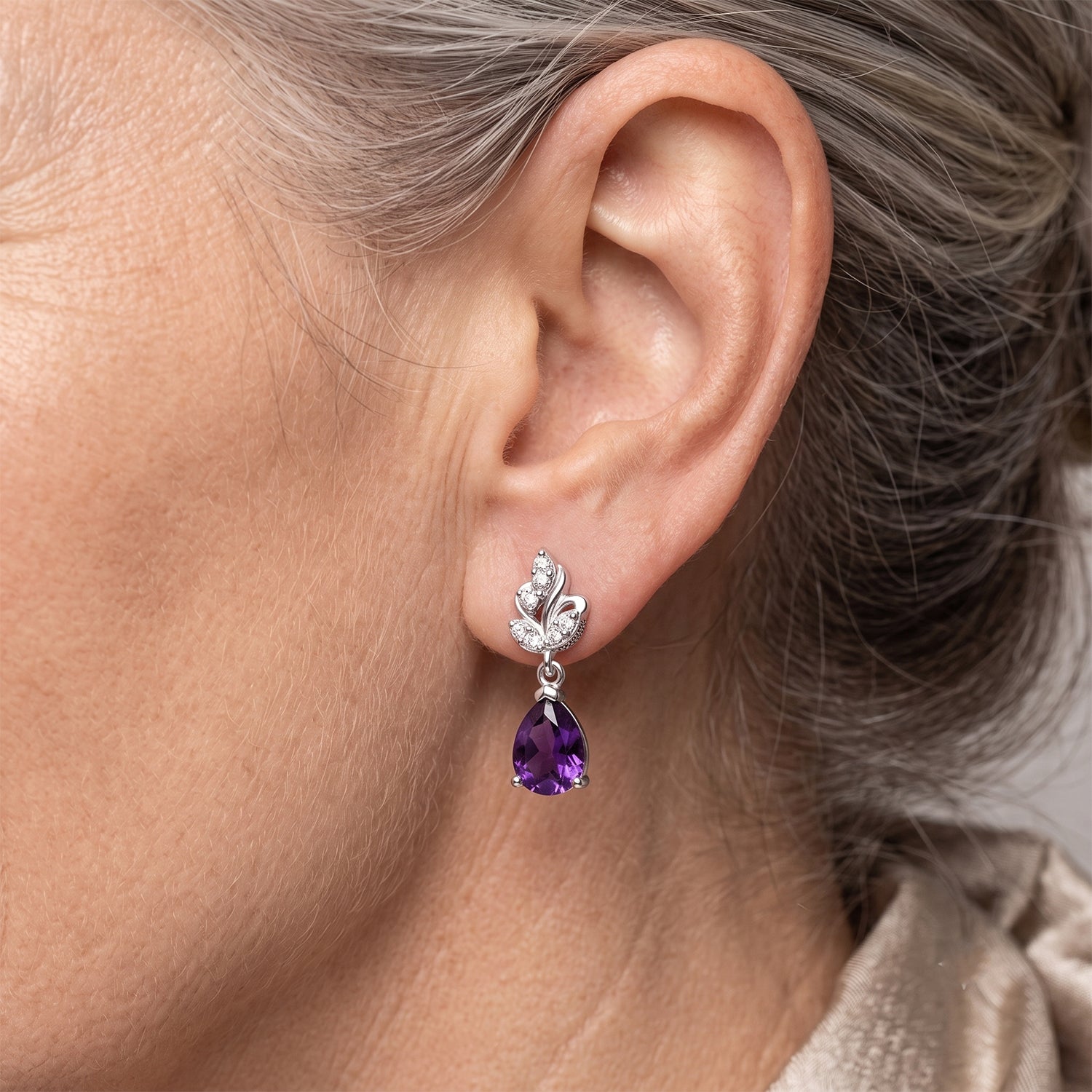 D'Joy - Natural Moroccan Amethyst &amp; White Zircon Dangling Earring with Push Post in Platinum Overlay Sterling Silver 2.20 Ct. V32515100 2