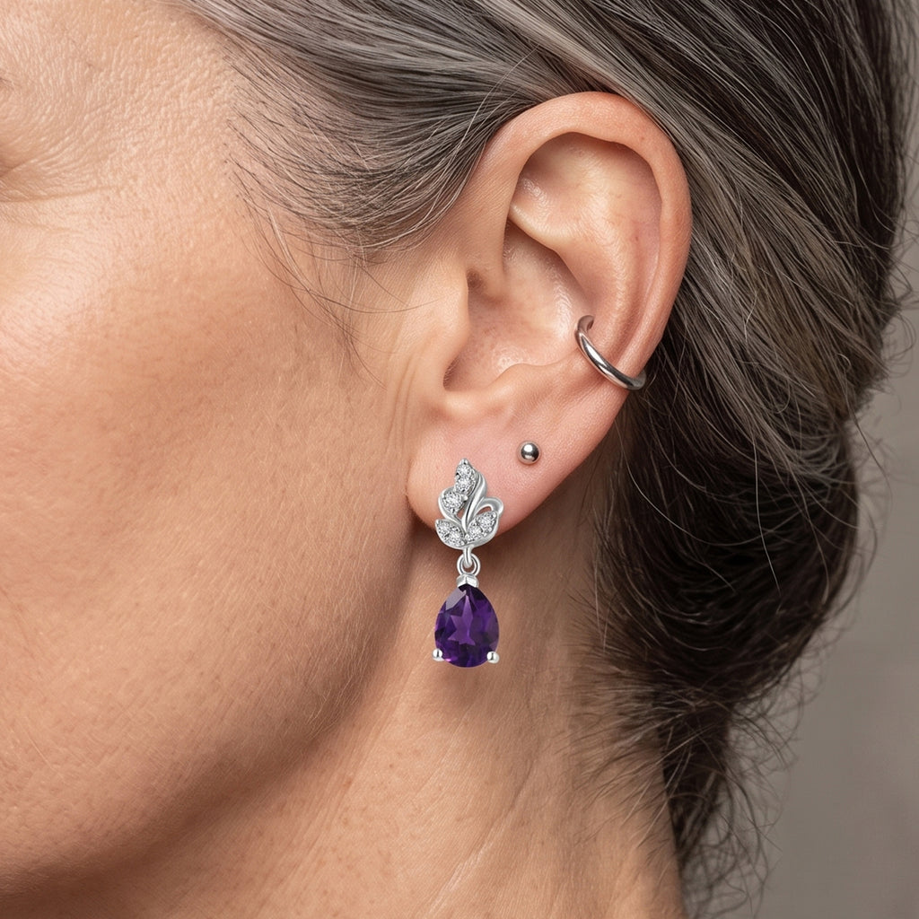 D'Joy - Natural Moroccan Amethyst & White Zircon Dangling Earring with Push Post in Platinum Overlay Sterling Silver 2.20 Ct._8625804_2