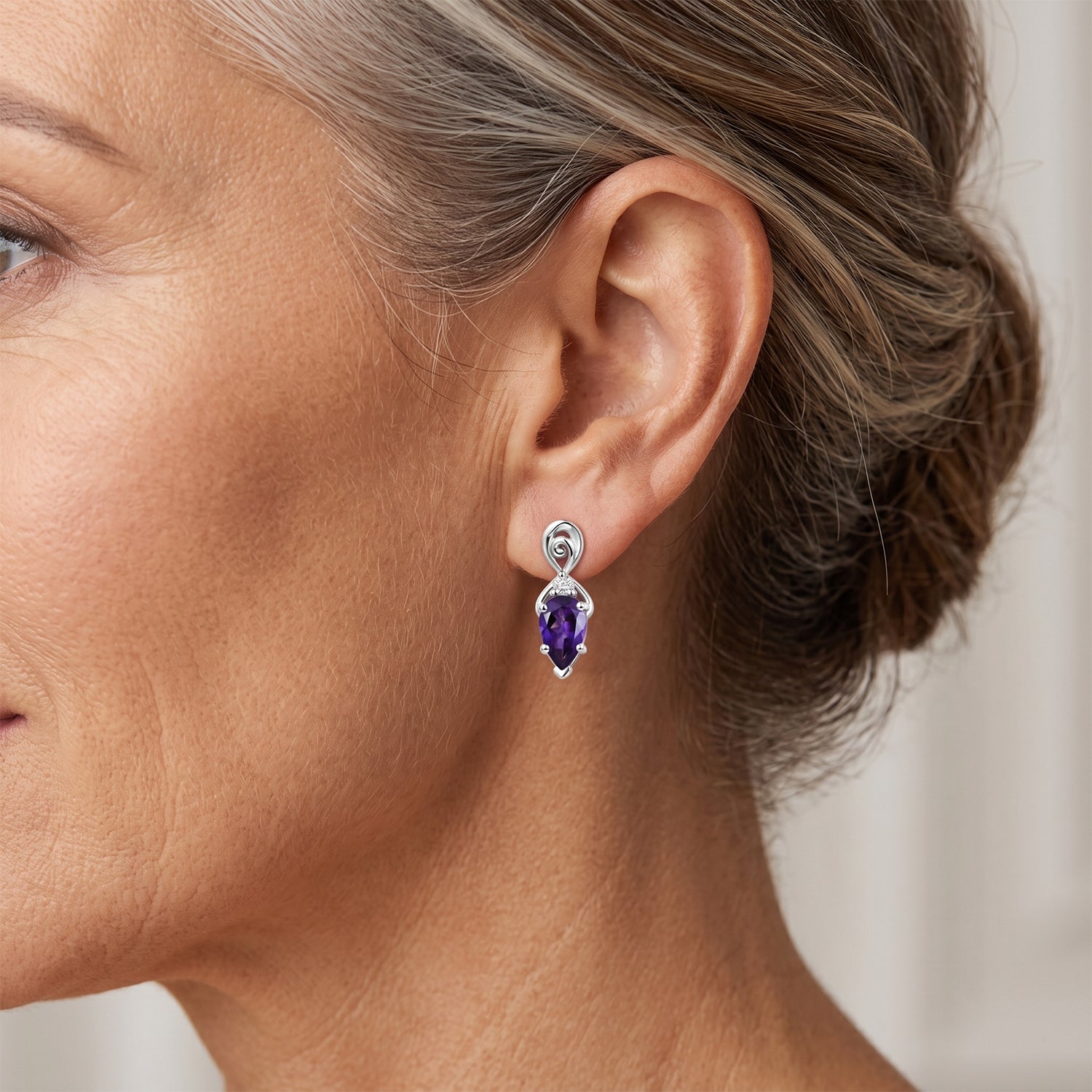 D'Joy - Natural Moroccan Amethyst &amp; White Zircon Drop Earring with Push Post in Platinum Overlay Sterling Silver 1.70 Ct. V32514579 2
