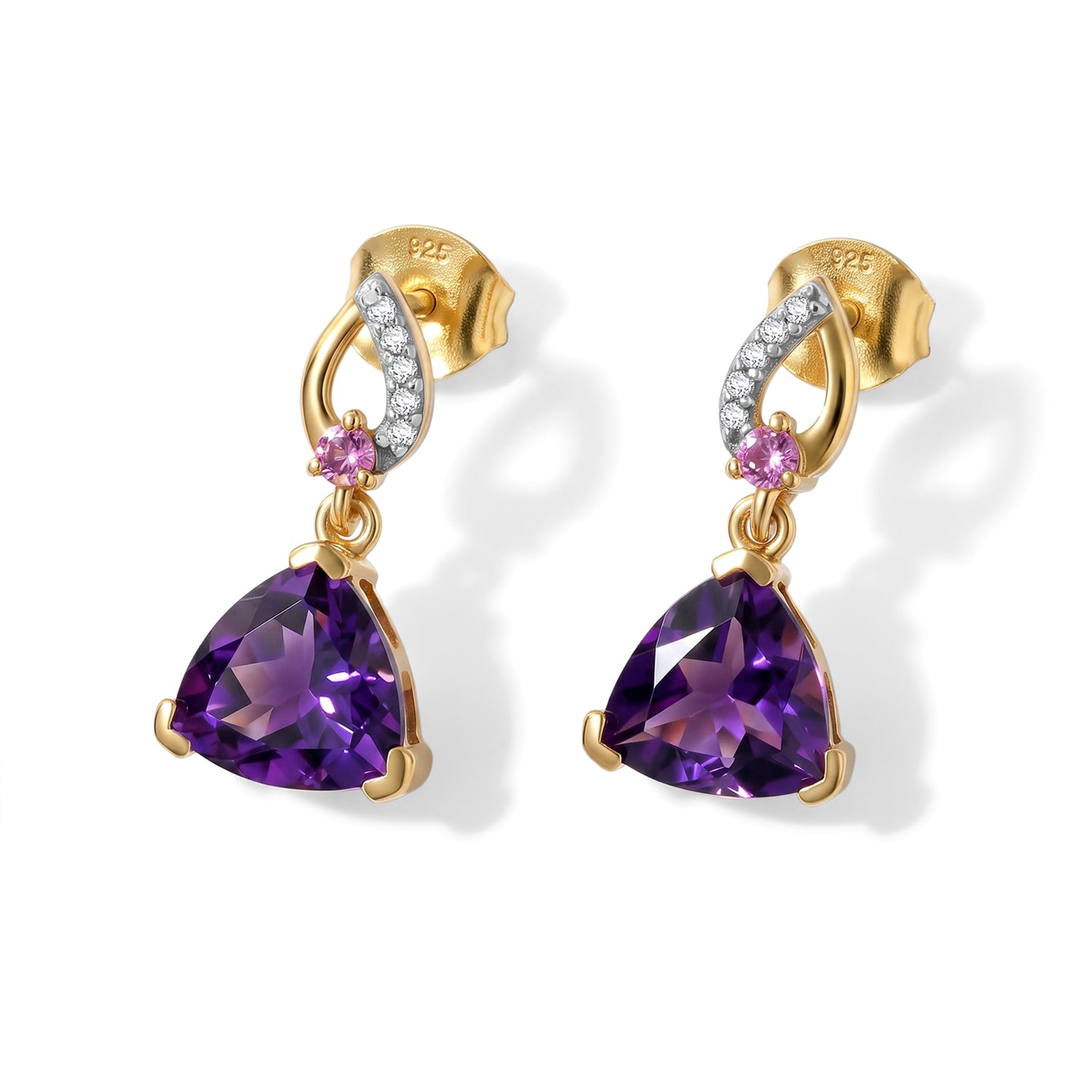 D'Joy - Natural Moroccan Amethyst, Rhodolite Garnet &amp; White Zircon Dangling Earring with Push Post in Yellow Gold Plated Sterling Silver 3.70 Ct. V32514944 0