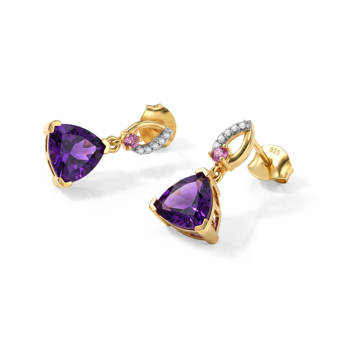 D'Joy - Natural Moroccan Amethyst, Rhodolite Garnet &amp; White Zircon Dangling Earring with Push Post in Yellow Gold Plated Sterling Silver 3.70 Ct. V32514944 4