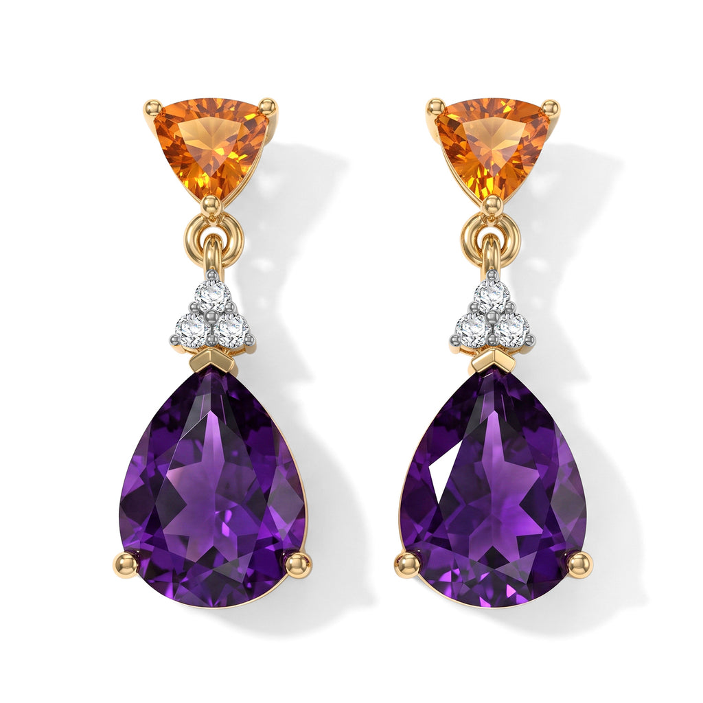 D'Joy - Natural Moroccan Amethyst, Citrine & White Zircon Dangling Earring with Push Post in Yellow Gold Plated Sterling Silver 3.54 Ct._8625855