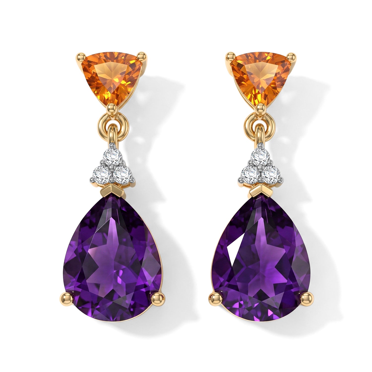 D'Joy - Natural Moroccan Amethyst, Citrine &amp; White Zircon Dangling Earring with Push Post in Yellow Gold Plated Sterling Silver 3.54 Ct. V32514588 0