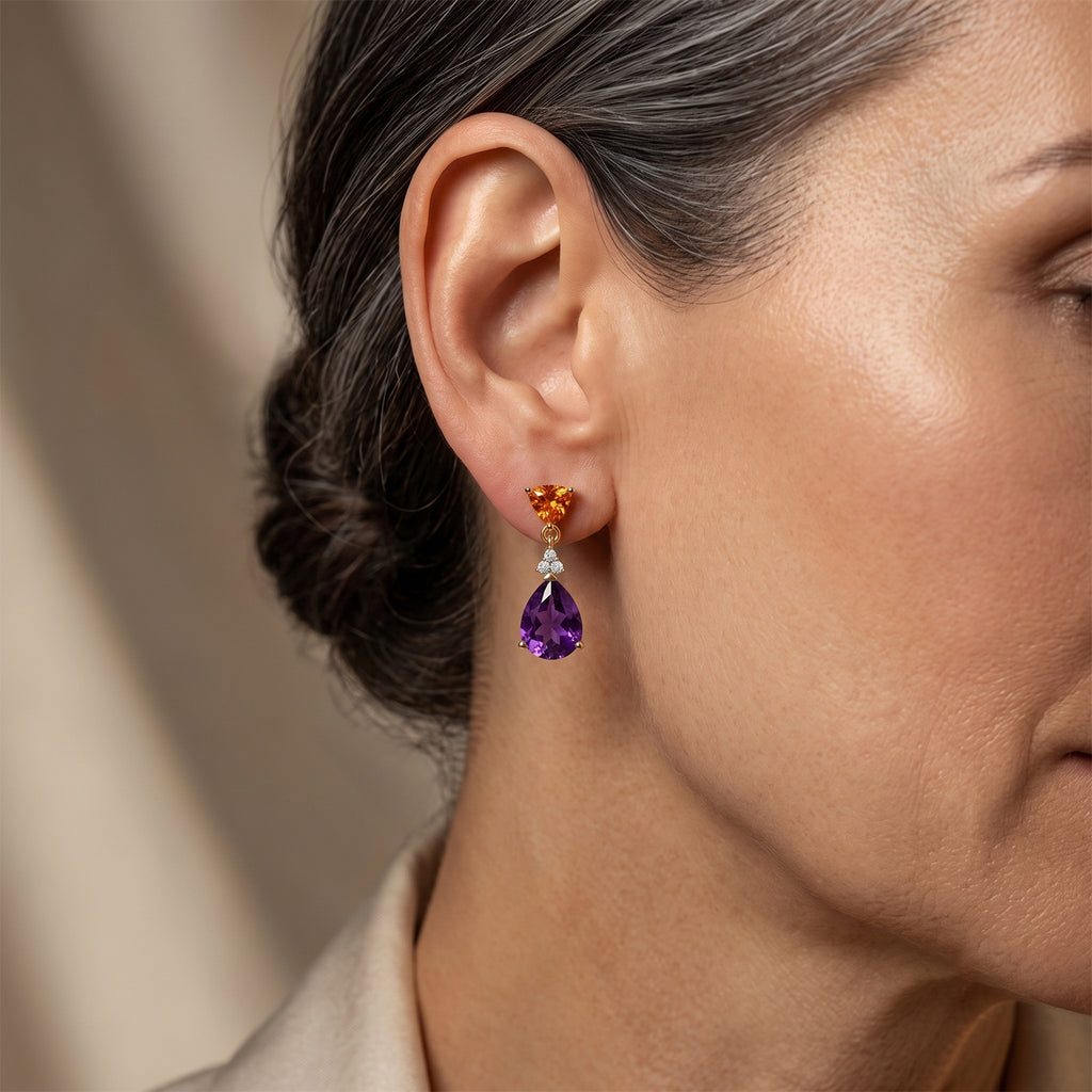 D'Joy - Natural Moroccan Amethyst, Citrine & White Zircon Dangling Earring with Push Post in Yellow Gold Plated Sterling Silver 3.54 Ct._8625855_1