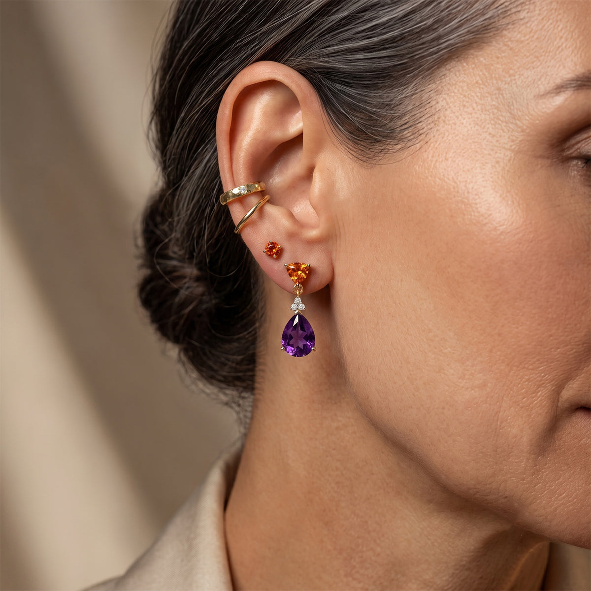 D'Joy - Natural Moroccan Amethyst, Citrine &amp; White Zircon Dangling Earring with Push Post in Yellow Gold Plated Sterling Silver 3.54 Ct. V32514588 3