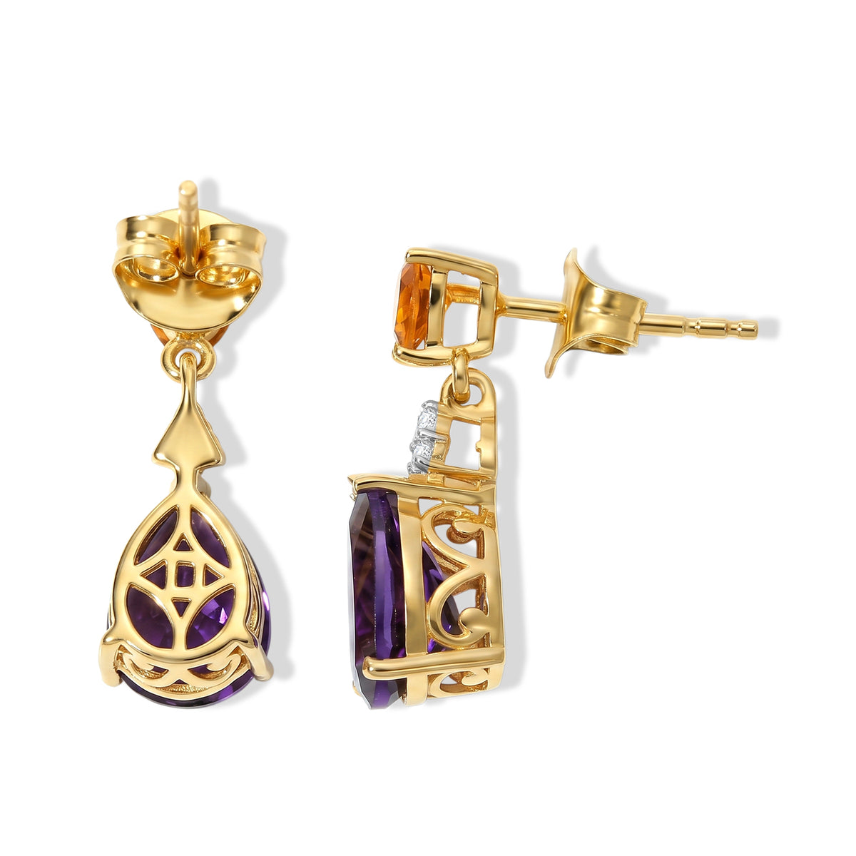 D'Joy - Natural Moroccan Amethyst, Citrine &amp; White Zircon Dangling Earring with Push Post in Yellow Gold Plated Sterling Silver 3.54 Ct. V32514588 4