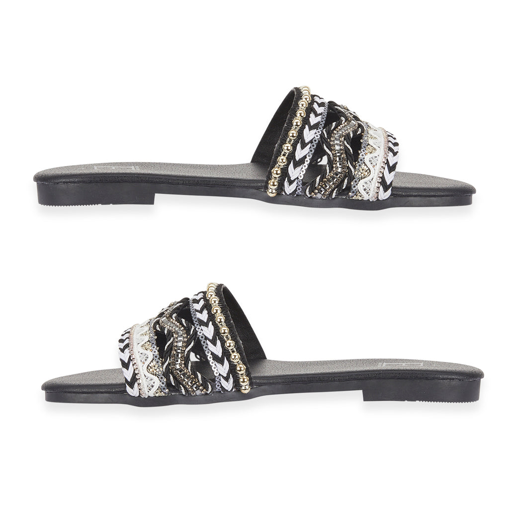 Gypsy Ladies Beaded Boho Band Open Casual Flat Sandals (Size 6) - Black_8626360_1