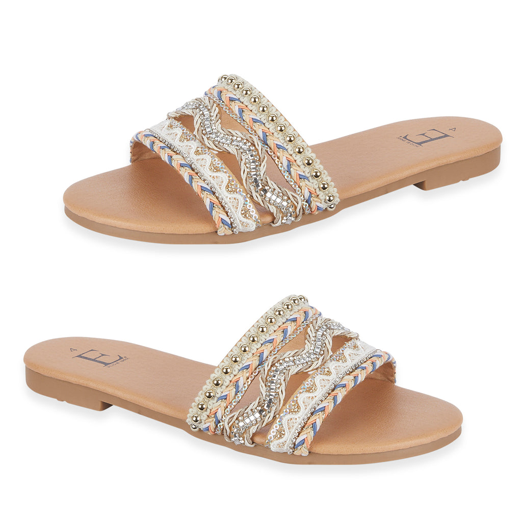 Gypsy Ladies Beaded Boho Band Open Casual Flat Sandals (Size 5) - Sand_8626364