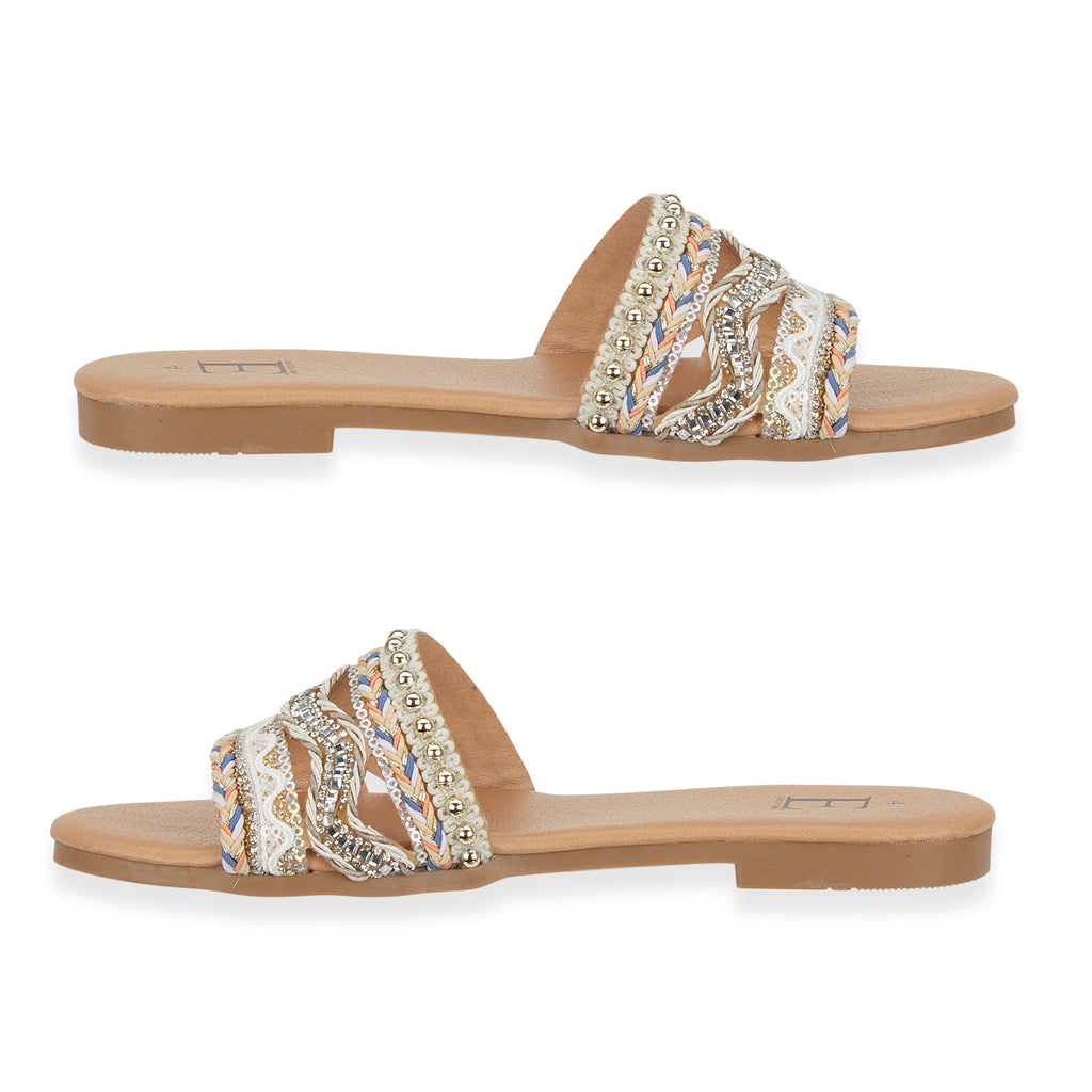 Gypsy Ladies Beaded Boho Band Open Casual Flat Sandals (Size 5) - Sand_8626364_1