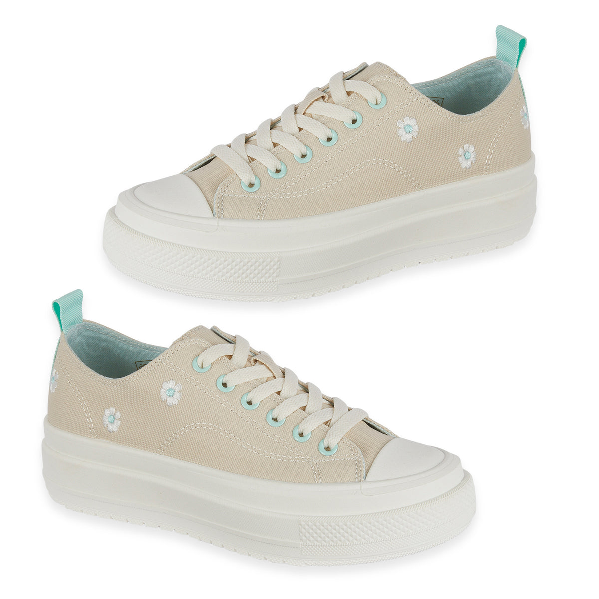 Fleur Daisy Embroidered Low-Top Lace Up Platform Trainers (Size 5) - Beige &amp; Mint V32566887 0