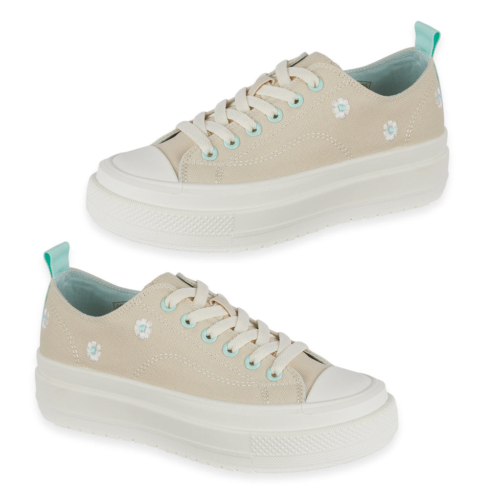 Fleur Daisy Embroidered Low-Top Lace Up Platform Trainers (Size 7) - Beige & Mint_8626506