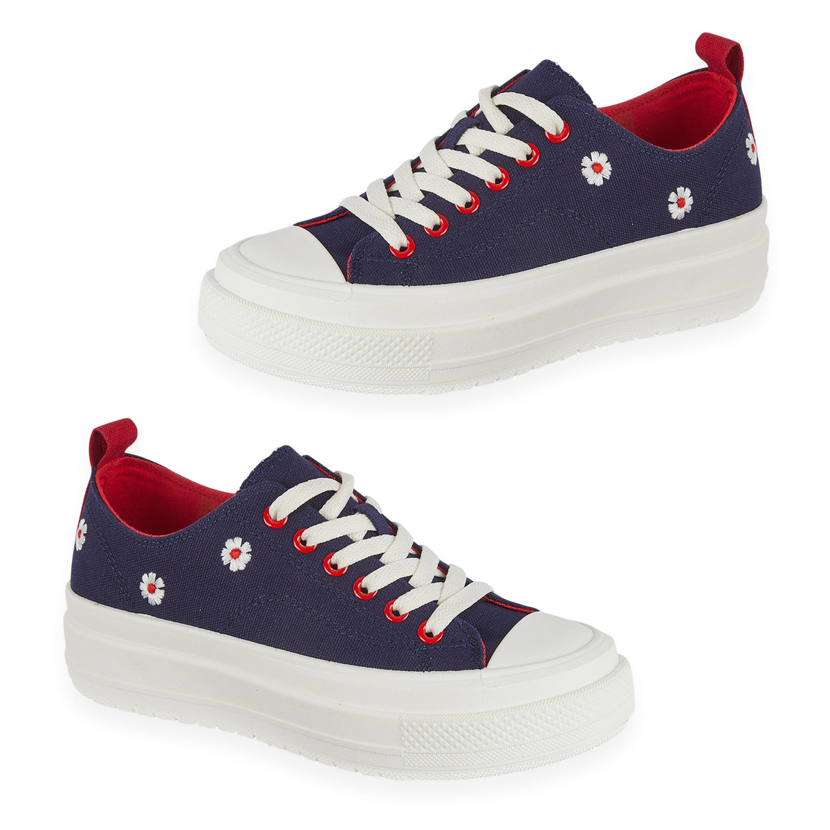 Fleur Daisy Embroidered Low-Top Lace Up Platform Trainers (Size 5) - Navy &amp; Red V32569519 0