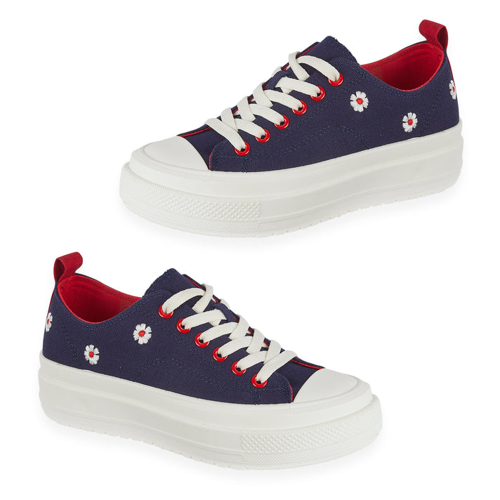 Fleur Daisy Embroidered Low-Top Lace Up Platform Trainers (Size 6) - Navy &amp; Red V32646288 1