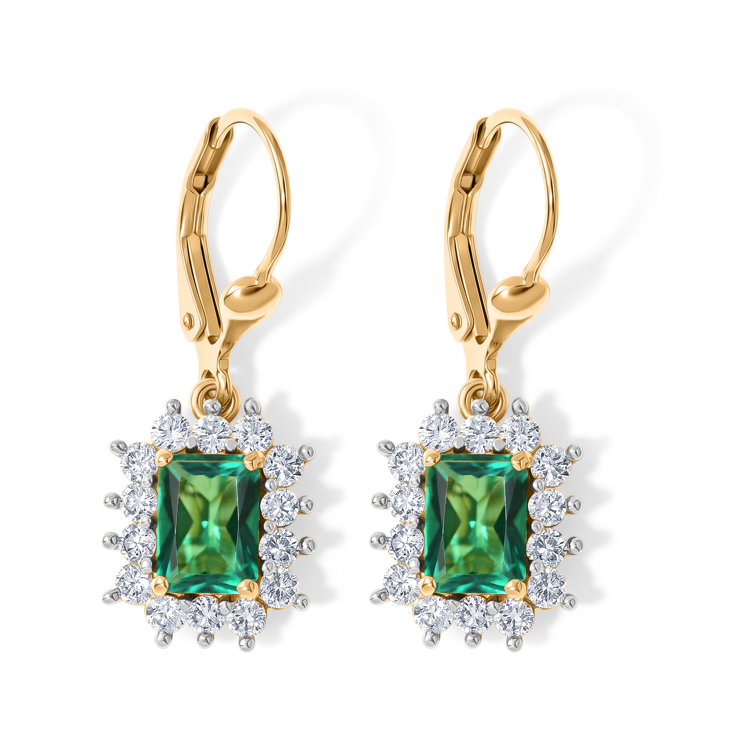 Luxuriant - Lab Grown Columbian Emerald &amp; Lab Grown Diamond (SI/G-H) Halo Earring with Lever Back in 18K Vermeil Yellow Gold Plated Sterling Silver 3.50 Ct. 8626743 0