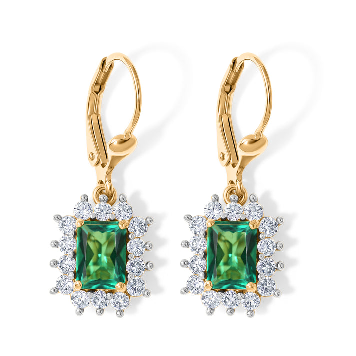 Luxuriant - Lab Grown Columbian Emerald &amp; Lab Grown Diamond (SI/G-H) Halo Earring with Lever Back in 18K Vermeil Yellow Gold Plated Sterling Silver 3.50 Ct. 8626743 1
