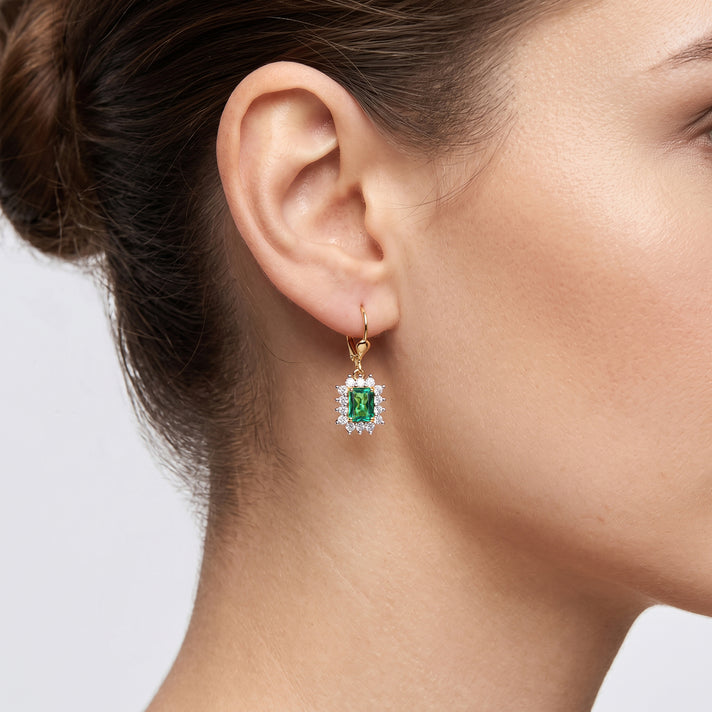 Luxuriant - Lab Grown Columbian Emerald &amp; Lab Grown Diamond (SI/G-H) Halo Earring with Lever Back in 18K Vermeil Yellow Gold Plated Sterling Silver 3.50 Ct. 8626743 2