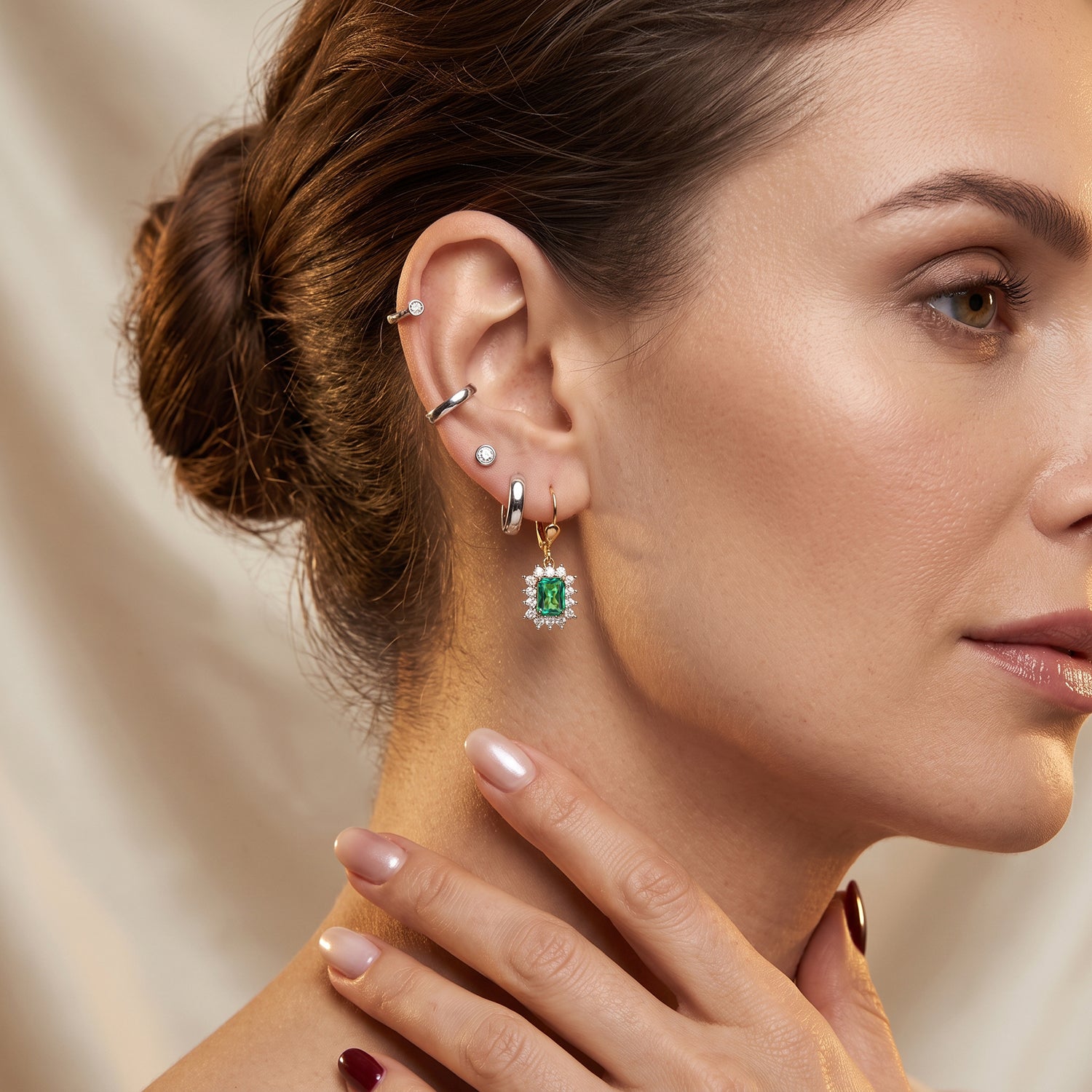 Luxuriant - Lab Grown Columbian Emerald &amp; Lab Grown Diamond (SI/G-H) Halo Earring with Lever Back in 18K Vermeil Yellow Gold Plated Sterling Silver 3.50 Ct. 8626743 3