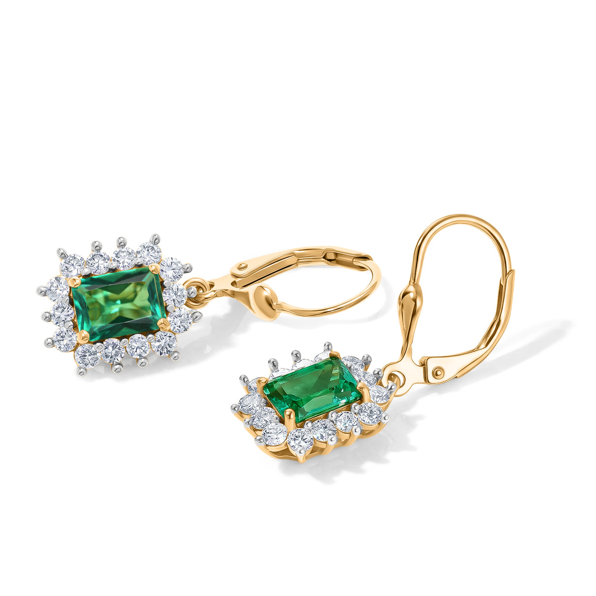 Luxuriant - Lab Grown Columbian Emerald &amp; Lab Grown Diamond (SI/G-H) Halo Earring with Lever Back in 18K Vermeil Yellow Gold Plated Sterling Silver 3.50 Ct. 8626743 4