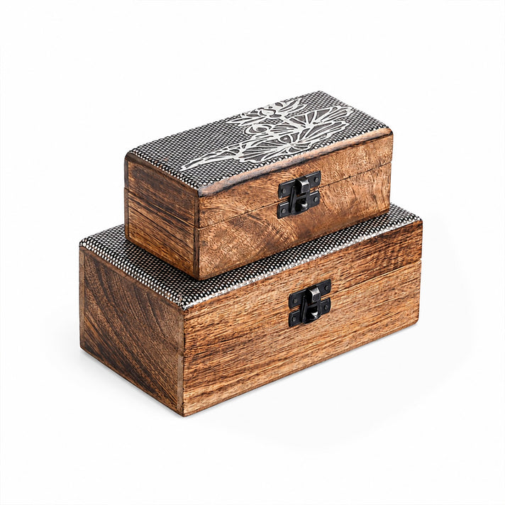 Livmore Set of 2 Handcrafted Nested Wooden Boxes with Oxidized Lotus Work - Brown 8626754 1
