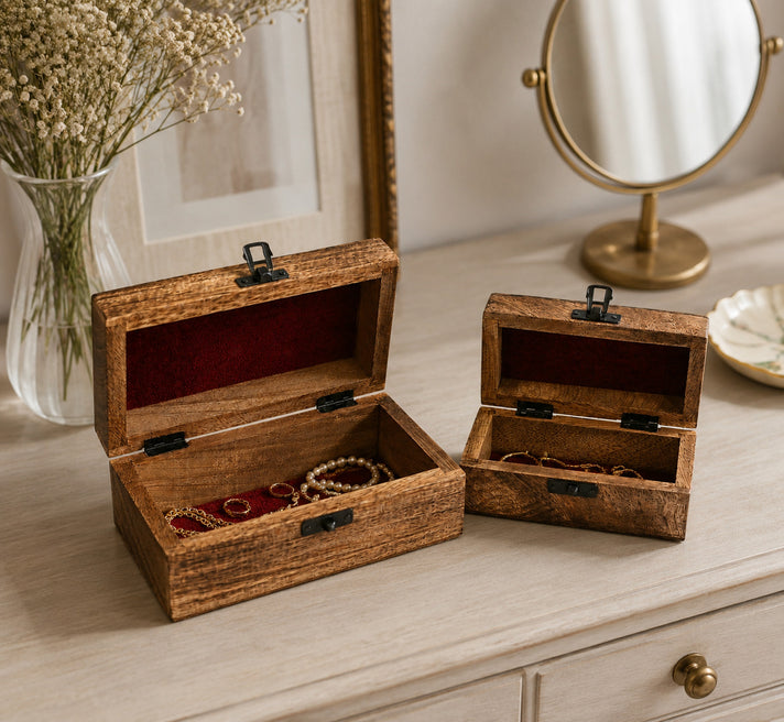 Livmore Set of 2 Handcrafted Nested Wooden Boxes with Oxidized Lotus Work - Brown 8626754 2
