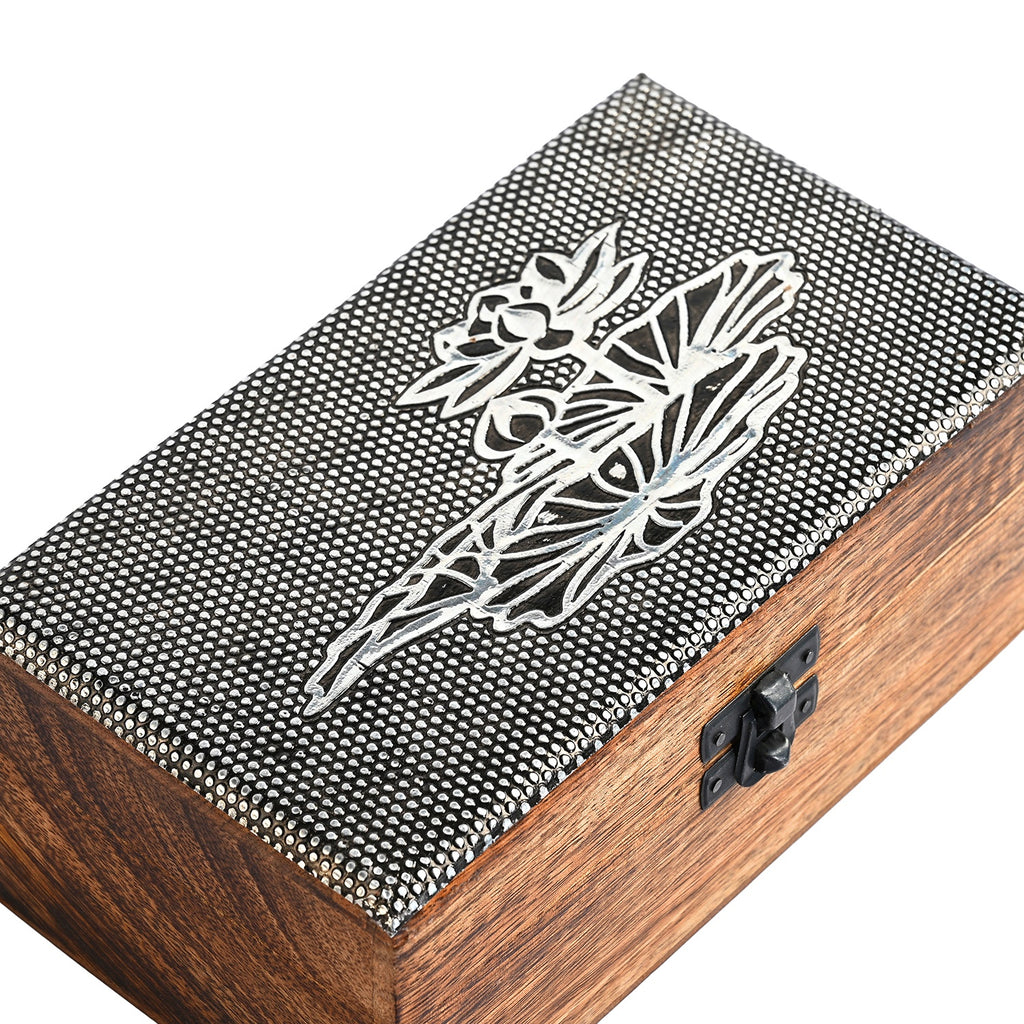 Livmore Set of 2 Handcrafted Nested Wooden Boxes with Oxidized Lotus Work - Brown_8626754_5