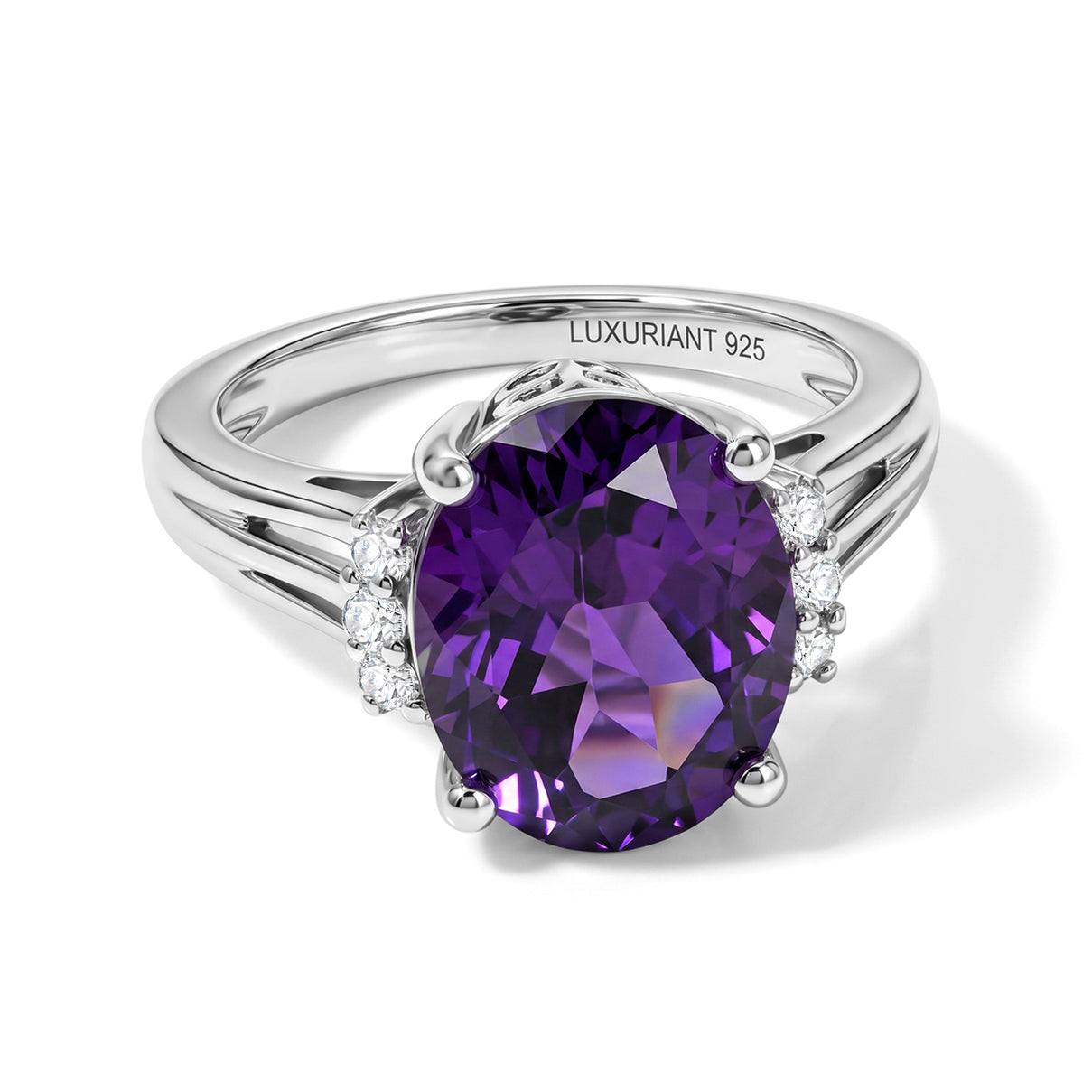 Luxuriant - Natural Moroccan Amethyst &amp; Lab Grown Diamond (SI/G-H) Ring in Rhodium Overlay Sterling Silver 4.50 Ct. 8626933 0