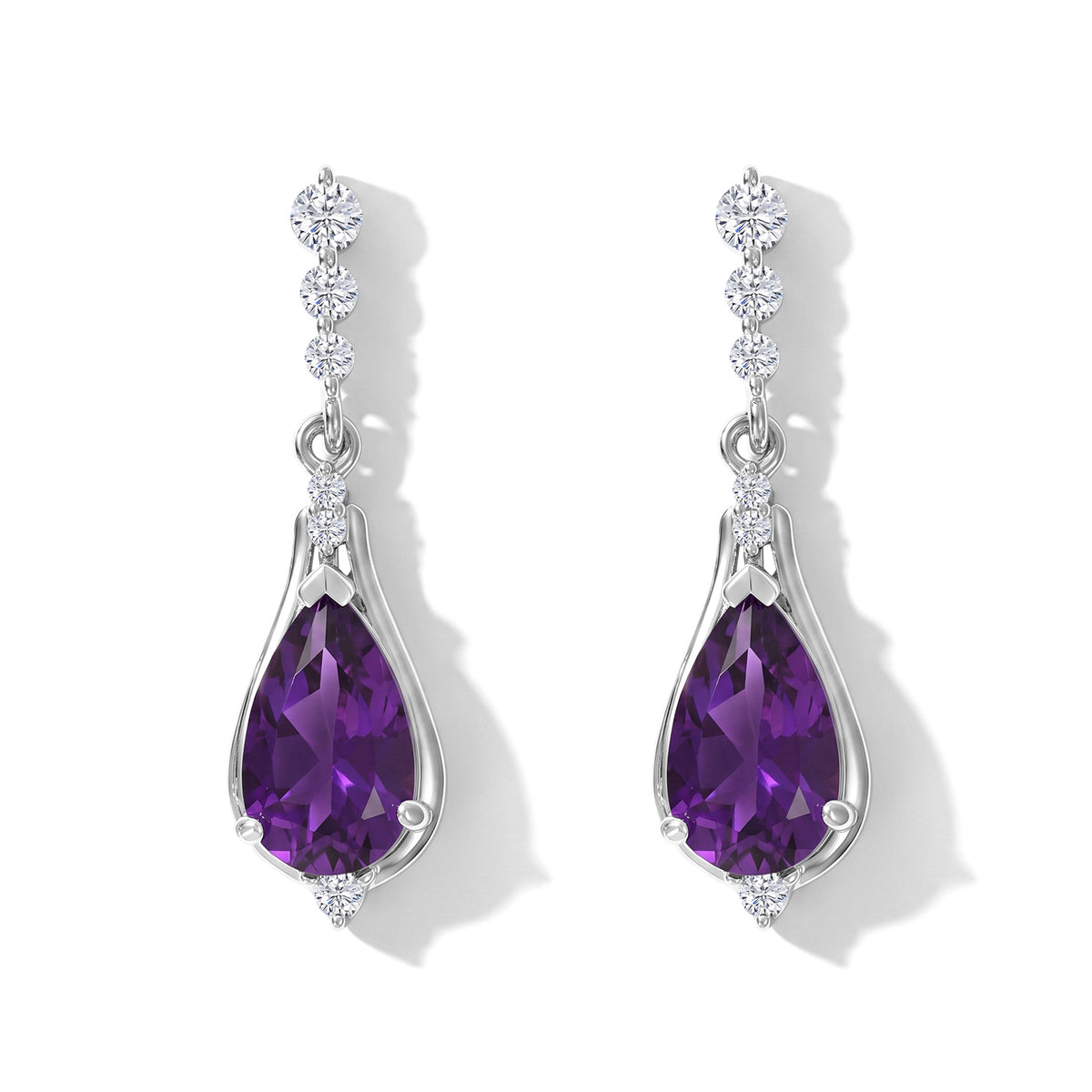 D'Joy - Natural Moroccan Amethyst &amp; White Zircon Dangling Earring with Push Back in Platinum Overlay Sterling Silver 3.40 Ct. V32519781 0