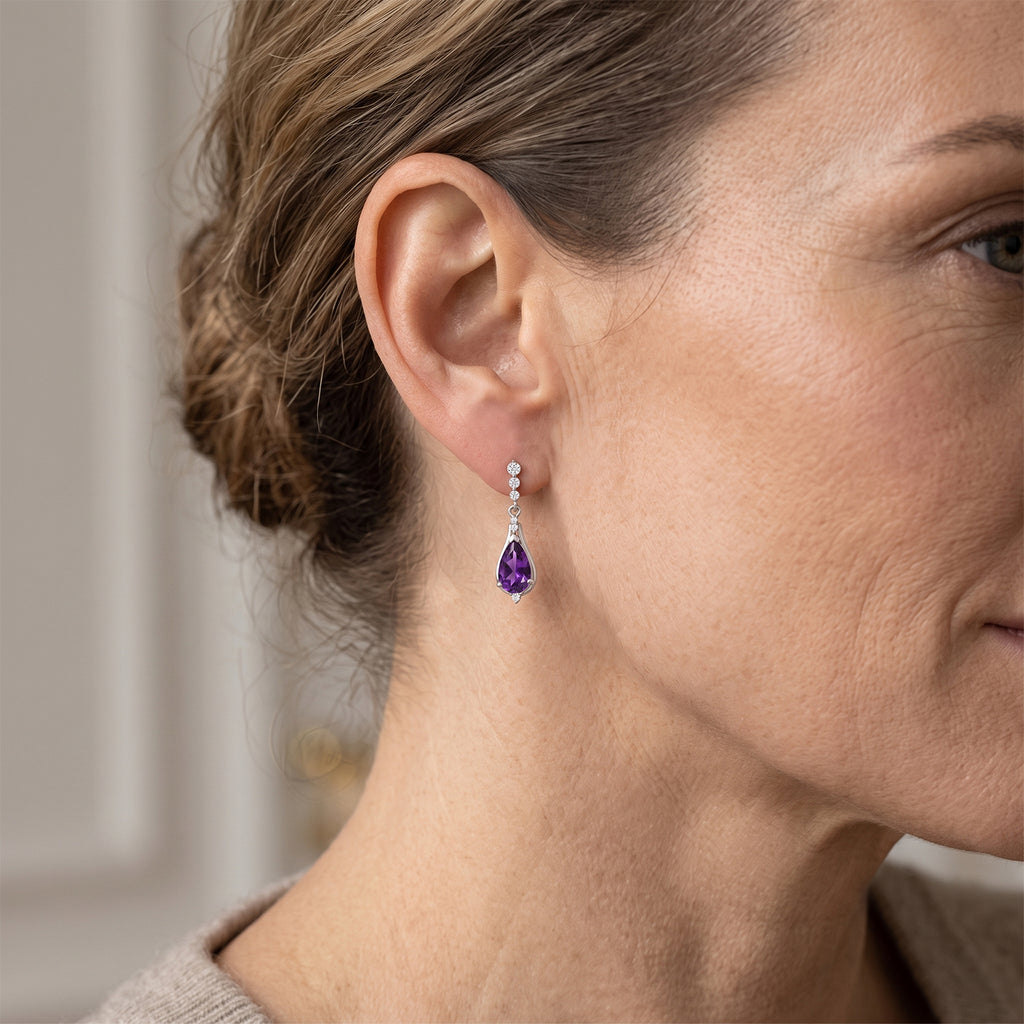 D'Joy - Natural Moroccan Amethyst & White Zircon Dangling Earring with Push Back in Platinum Overlay Sterling Silver 3.40 Ct._8627393_1