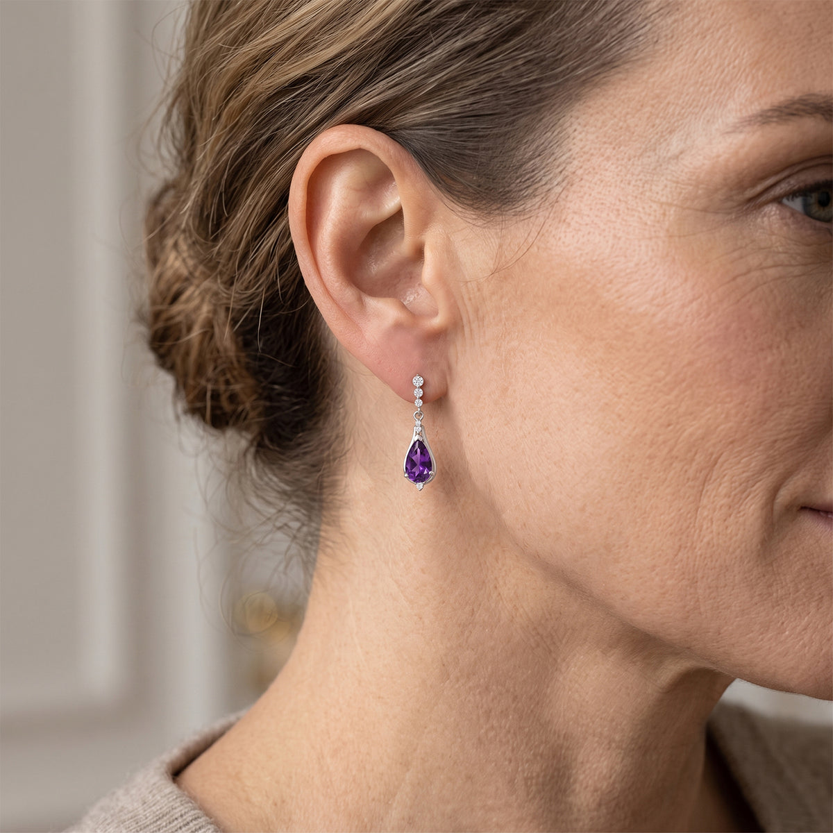 D'Joy - Natural Moroccan Amethyst &amp; White Zircon Dangling Earring with Push Back in Platinum Overlay Sterling Silver 3.40 Ct. V32519781 1
