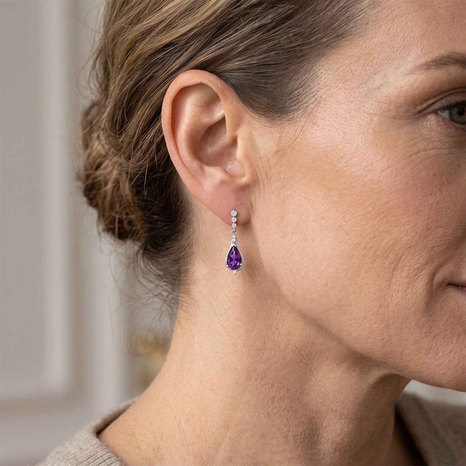 D'Joy - Natural Moroccan Amethyst &amp; White Zircon Dangling Earring with Push Back in Platinum Overlay Sterling Silver 3.40 Ct. V32519781 1