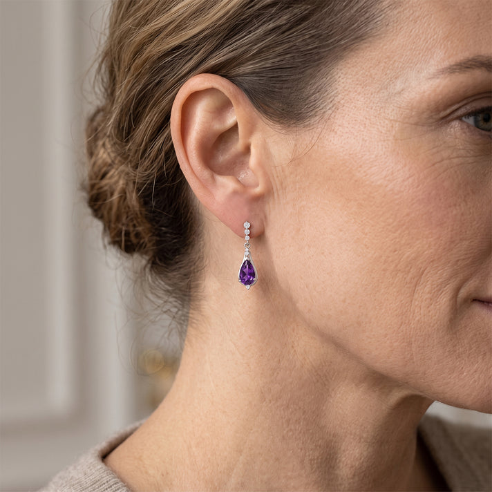 D'Joy - Natural Moroccan Amethyst &amp; White Zircon Dangling Earring with Push Back in Platinum Overlay Sterling Silver 3.40 Ct. 8627393 2