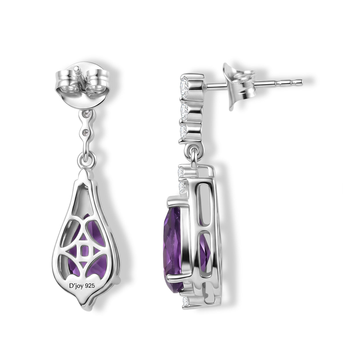 D'Joy - Natural Moroccan Amethyst &amp; White Zircon Dangling Earring with Push Back in Platinum Overlay Sterling Silver 3.40 Ct. V32519781 3