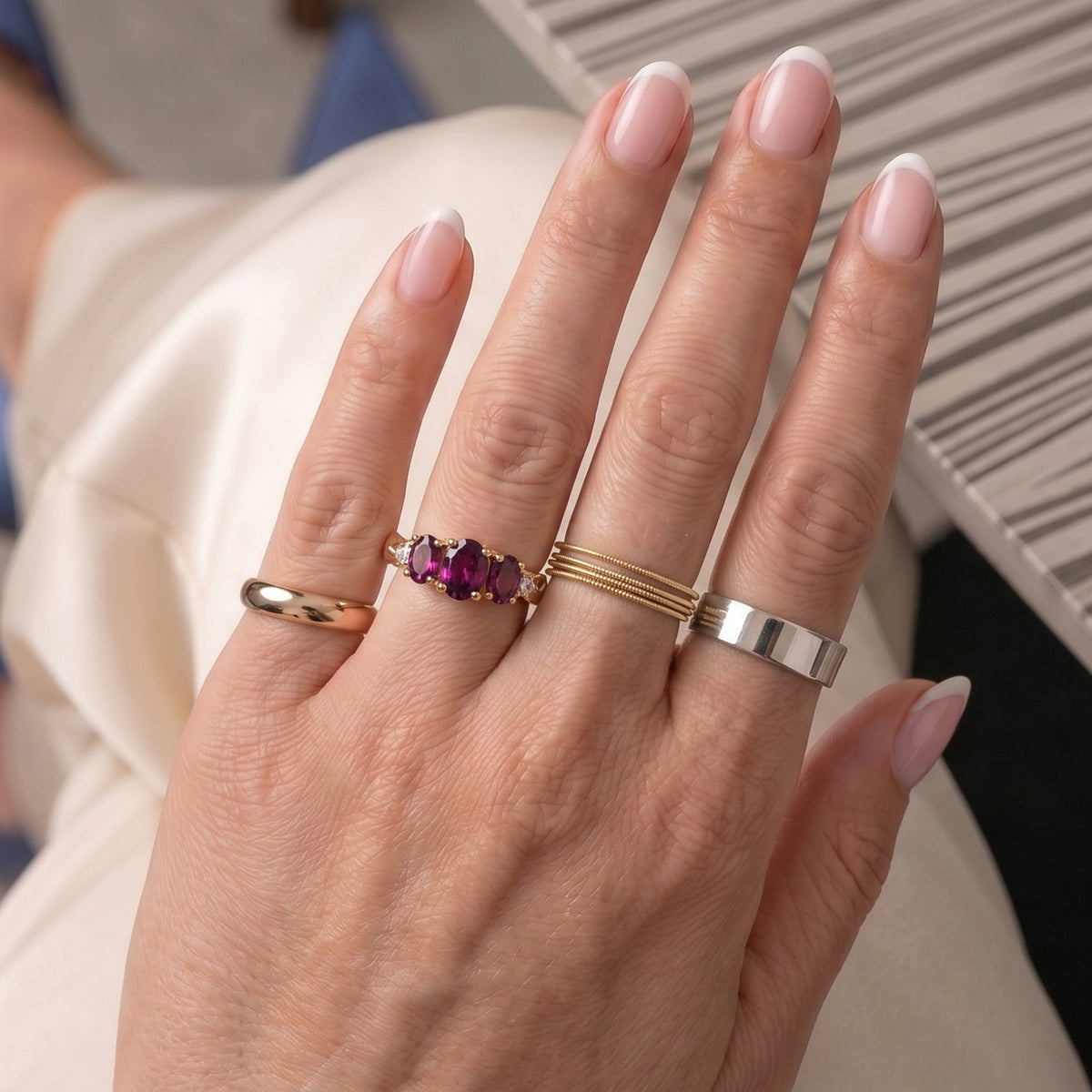 Luxuriant - Natural Radiant Ember Garnet &amp; Lab Grown Diamond (SI/G-H) Trilogy Ring in 18K Vermeil Yellow Gold Plated Sterling Silver 2.24 Ct. V32622597 3