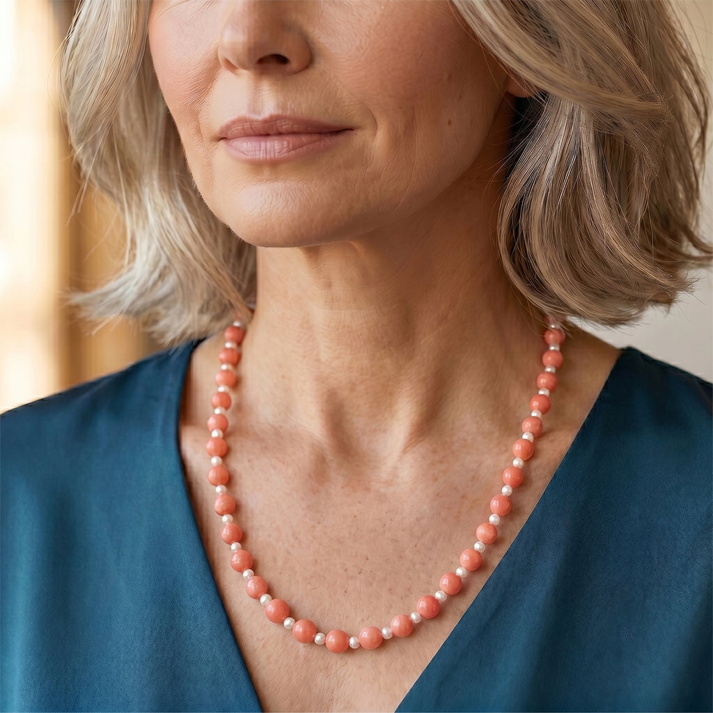 Bamboo Coral and Fresh Water Pearl  Necklace (Size - 20) in Yellow Gold Sterling Silver.with Magnetic Lock_8627525_1