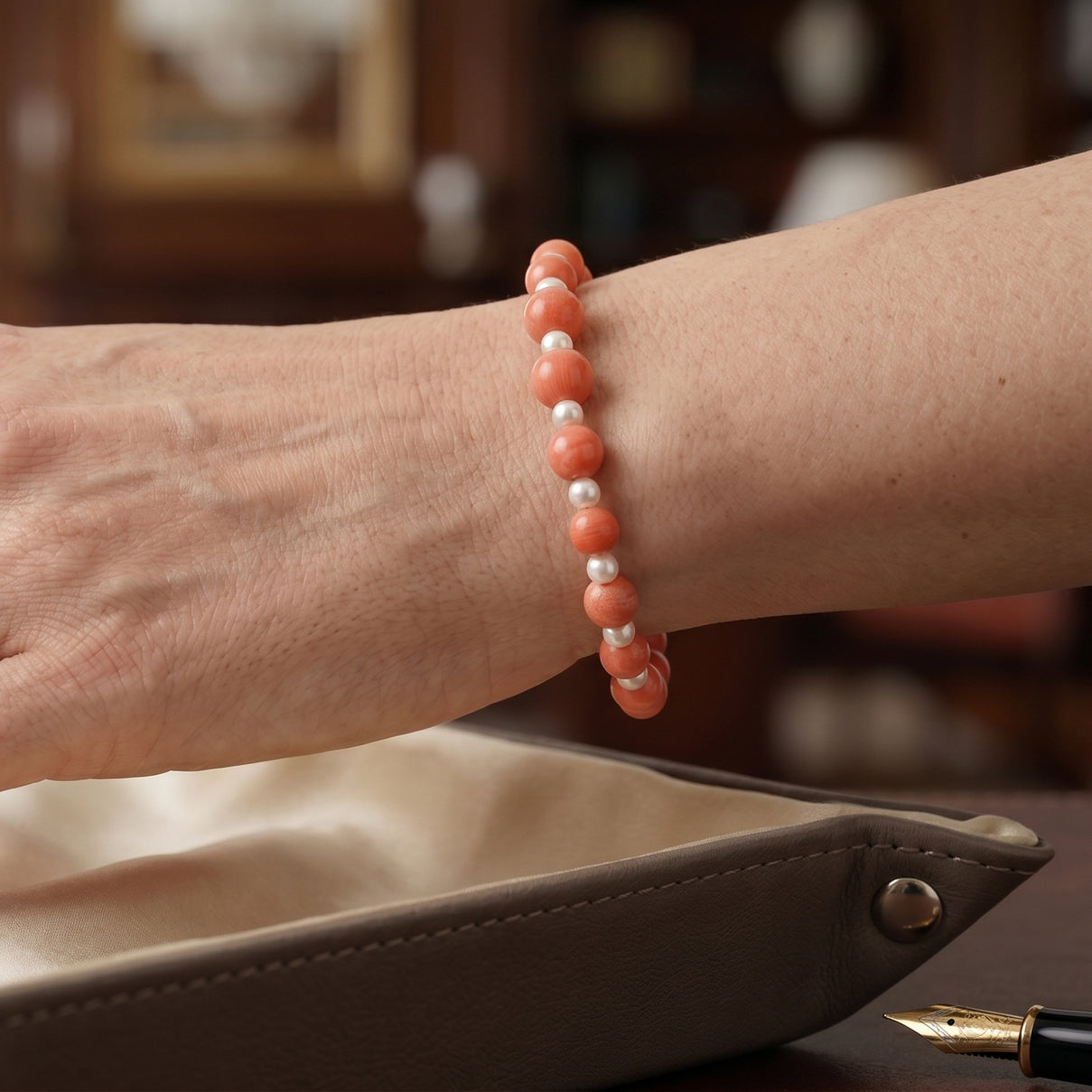 Bamboo Coral &amp; White Fresh Water Pearl Beads Bracelet (Size - 7.5) in Yellow Gold Plated Sterling Silver V32527211 2