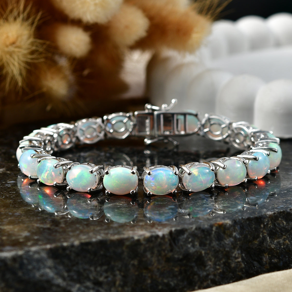 D'Joy Ethiopian Opal Bangle (Size - 7) in Rhodium Overlay Sterling Silver 21.60 Ct, Silver Wt. 17.67 Gms 8627553 3