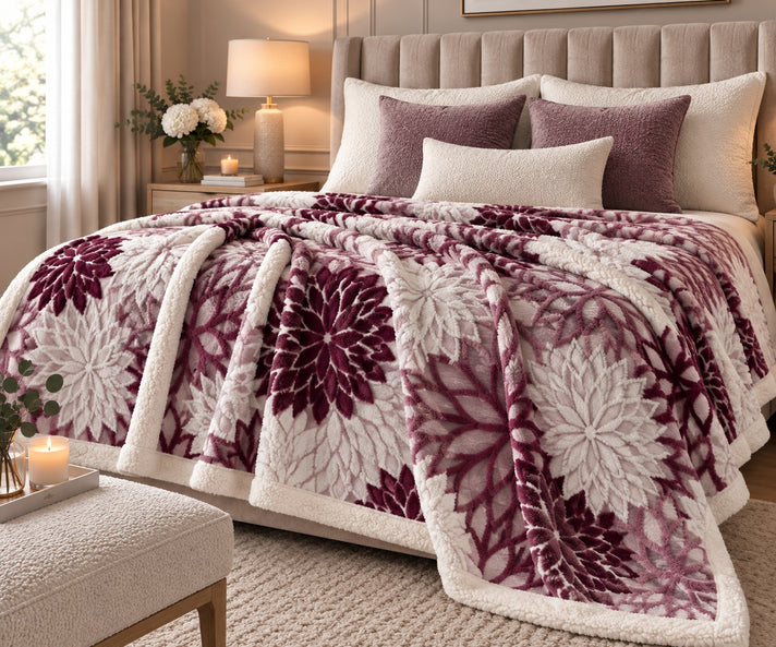 LIVMORE Double Layer Floral Jacquard Faux Fur &amp; Sherpa Throw Blanket (150x200cm) - Beige 8627880 1