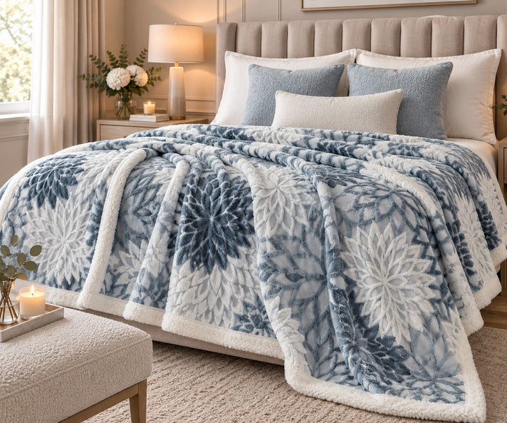LIVMORE Double Layer Floral Jacquard Faux Fur &amp; Sherpa Throw Blanket (150x200cm) - Blue 8627881 1
